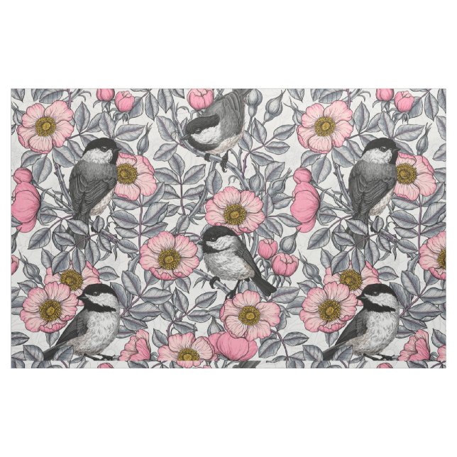 Chickadees in the wild rose, pink and gray fabric (Fat Quarter)