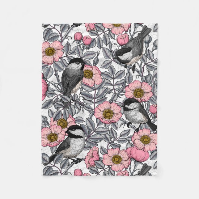 Chickadees in the wild rose, pink and gray fleece blanket (Front)