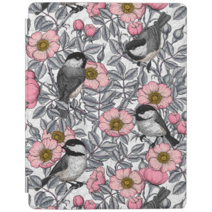 Chickadees in the wild rose, pink and gray iPad smart cover