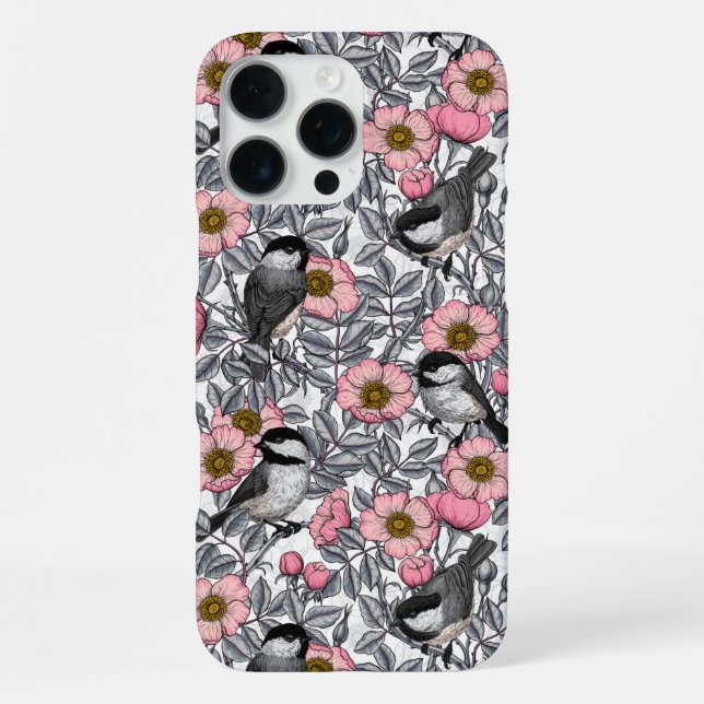 Chickadees in the wild rose, pink and gray iPhone case (Back)