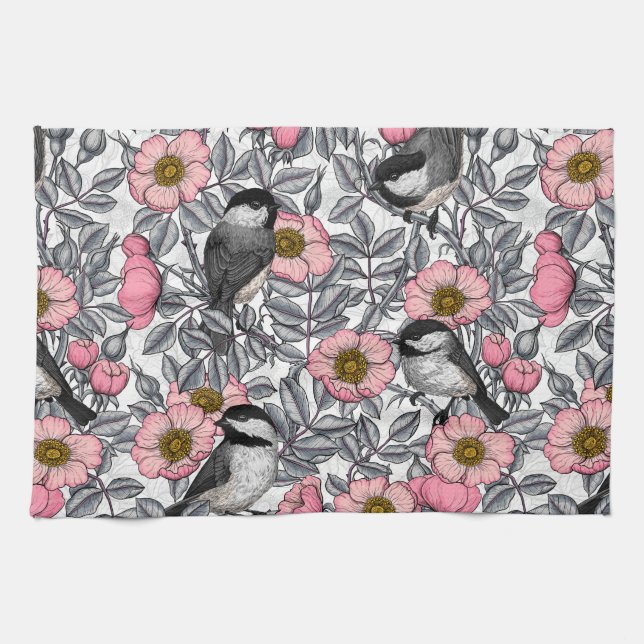 Chickadees in the wild rose, pink and gray kitchen towel (Horizontal)
