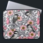 Chickadees in the wild rose, pink and gray laptop sleeve<br><div class="desc">Hand  drawn vector pattern with black-capped chickadee birds on a wild rose bush</div>