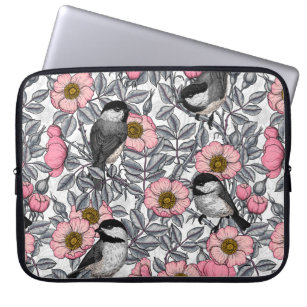 Chickadees in the wild rose, pink and gray laptop sleeve