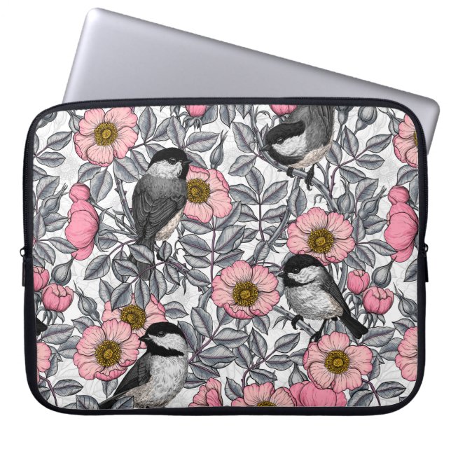 Chickadees in the wild rose, pink and gray laptop sleeve (Front)