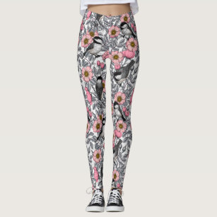 Pink Floral Yoga Leggings, Pink Flower Rose Print Women's Long