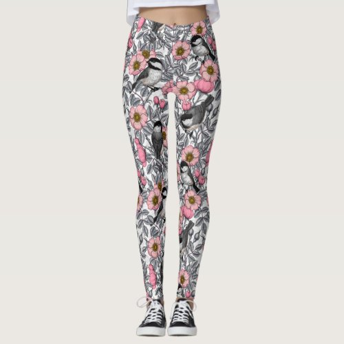 Chickadees in the wild rose pink and gray leggings