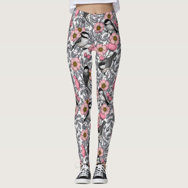 Chickadees in the wild rose, pink and gray leggings (Front)