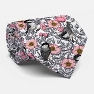 Chickadees in the wild rose, pink and gray neck tie