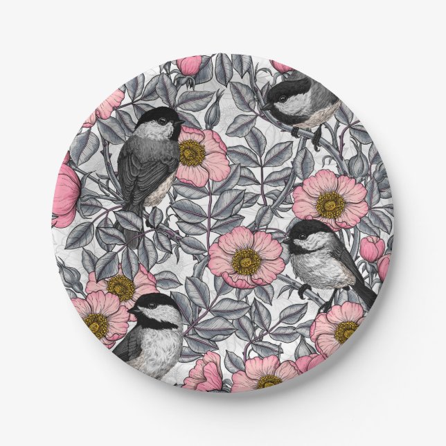 Chickadees in the wild rose, pink and gray paper plates (Front)