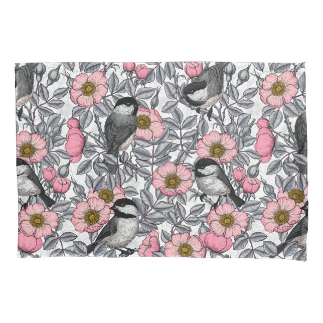 Chickadees in the wild rose, pink and gray pillow case (Front)