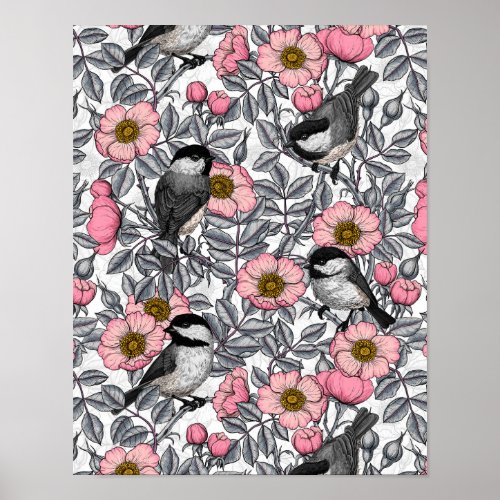 Chickadees in the wild rose pink and gray poster
