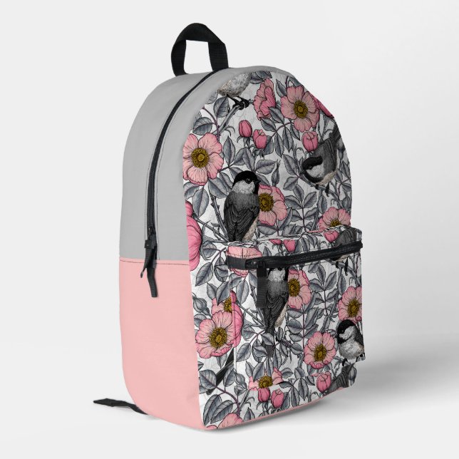 Chickadees in the wild rose, pink and gray printed backpack (Back Corner Left)
