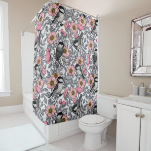 Chickadees in the wild rose, pink and gray shower curtain