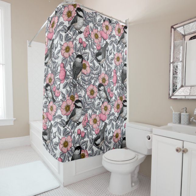 Chickadees in the wild rose, pink and gray shower curtain (In Situ)