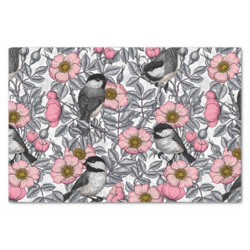 Chickadees in the wild rose pink and gray tissue paper