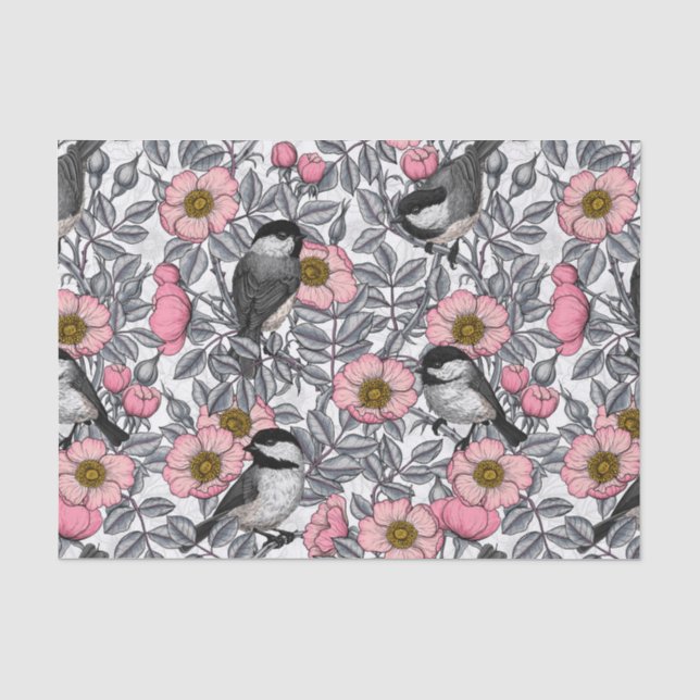 Chickadees in the wild rose, pink and gray tissue paper (Front)