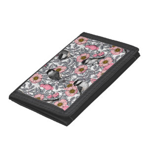 Chickadees in the wild rose, pink and gray trifold wallet