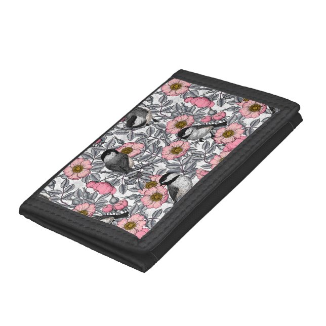 Chickadees in the wild rose, pink and gray trifold wallet (Bottom)