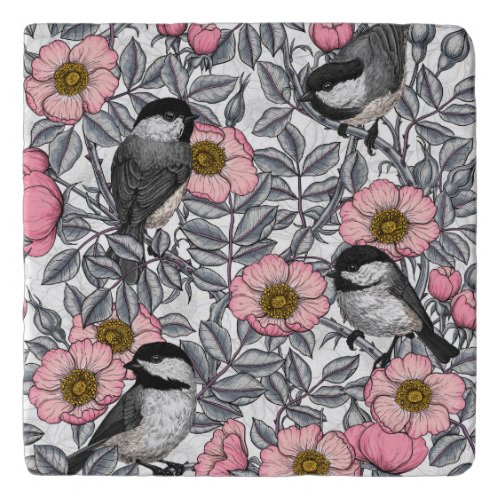 Chickadees in the wild rose pink and gray trivet