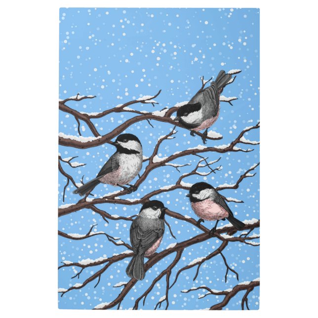 Chickadees in winter metal print (Front)