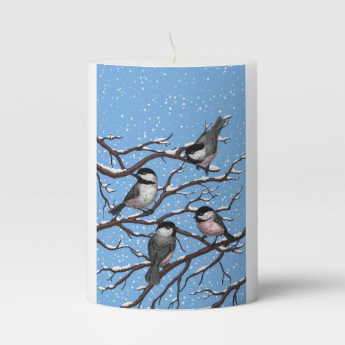 Chickadees in winter pillar candle