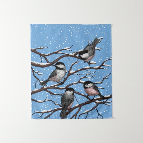 Chickadees in winter tapestry