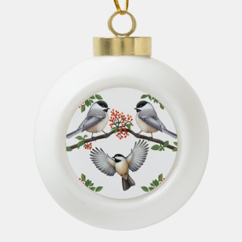 Chickadees on Red Berry Branches Holiday Ornament