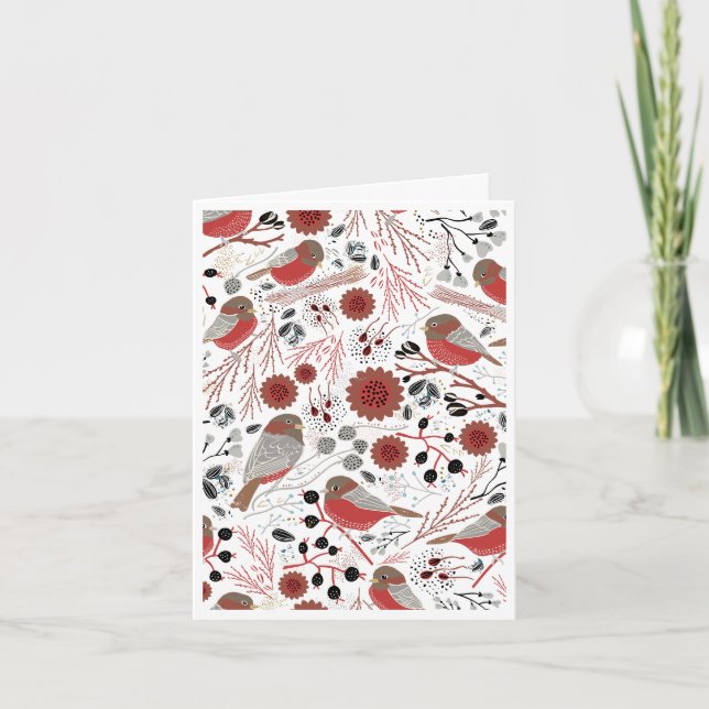 Chickadees Pattern With Floral For Holidays Holiday Card (Front)