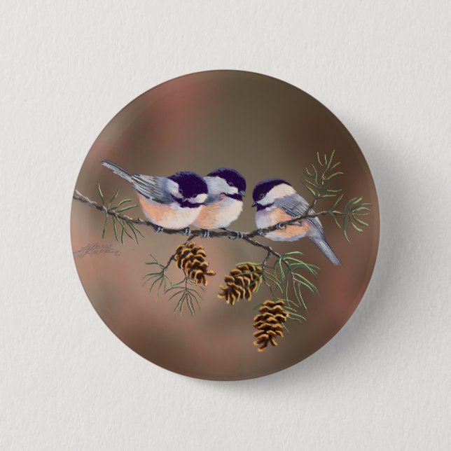 CHICKADEES & PINECONES by SHARON SHARPE Button (Front)