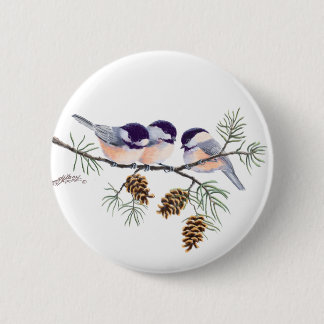 CHICKADEES & PINECONES by SHARON SHARPE Button