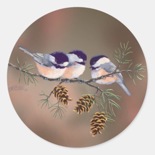 CHICKADEES  PINECONES by SHARON SHARPE Classic Round Sticker