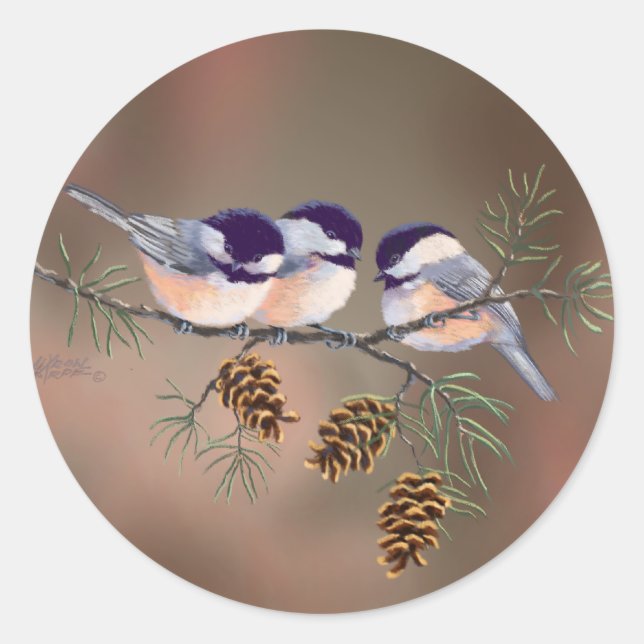 CHICKADEES & PINECONES by SHARON SHARPE Classic Round Sticker (Front)