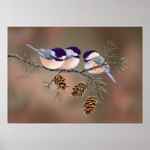 CHICKADEES  PINECONES by SHARON SHARPE Poster