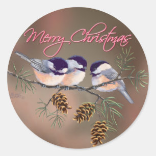 CHICKADEES, PINECONES & TEXT by SHARON SHARPE Classic Round Sticker