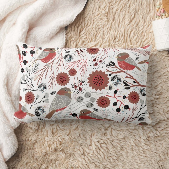 Chickadees Red Gray Pattern Lumbar Pillow (Blanket)