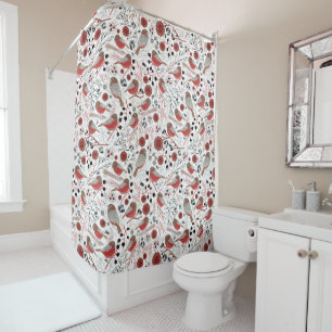 Chickadees Red Gray Pattern Shower Curtain