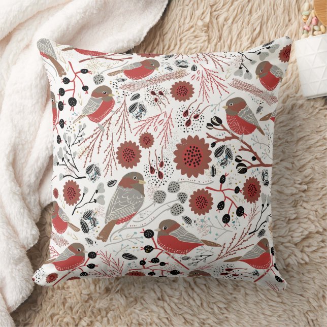 Chickadees Red Gray Pattern Throw Pillow (Blanket)
