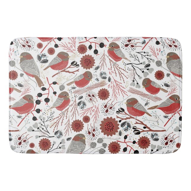 Chickadees Red Gray Pattern With Floral Bath Mat (Front)