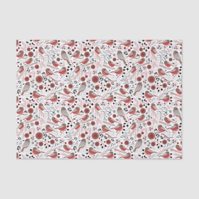 Chickadees Red Gray Pattern With Floral Tissue Paper (Front)