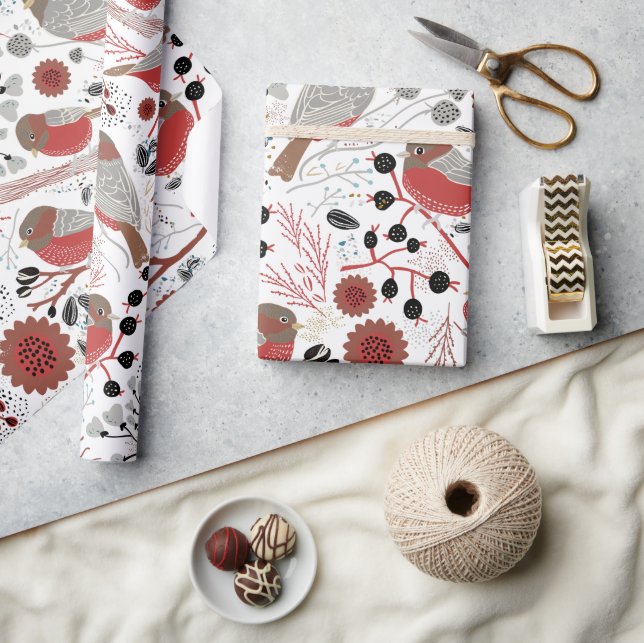 Chickadees Red Gray Pattern With Floral Wrapping Paper (Crafts)