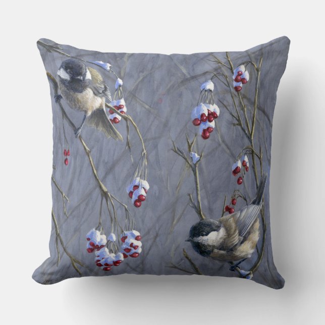 Chickadees & Redpoll Reversible Accent Pillow (Front)
