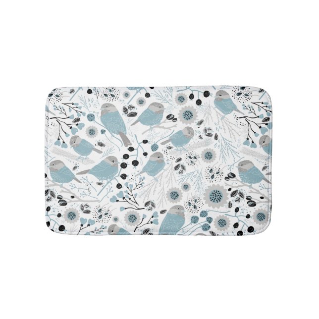 Chickadees Sweet And Cute Blue, Black, And Gray Bath Mat (Front)