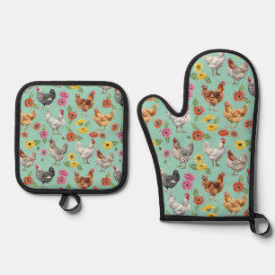 Chicken and Daisies  Oven Mitt & Pot Holder Set