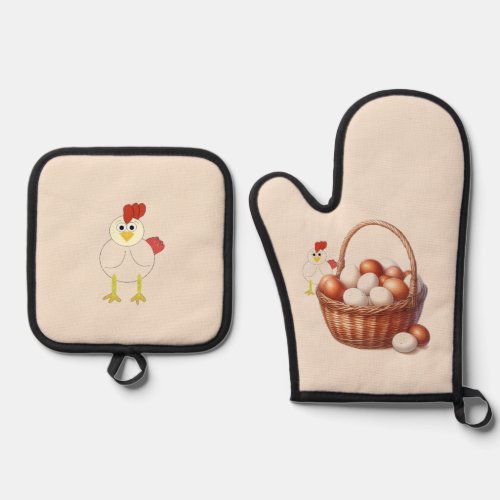 Chicken and Eggs Country Style Oven Mitt  Pot Holder Set