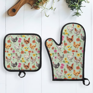 Chicken and Gerber Daisies Oven Mitt & Pot Holder Set