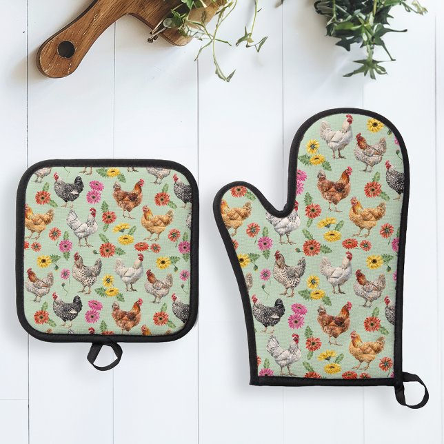 Chicken and Gerber Daisies Oven Mitt & Pot Holder Set (Creator Uploaded)