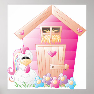 Chicken and Pink Hen House with Flowers Poster
