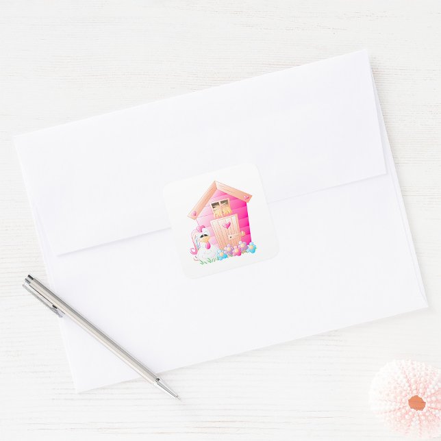 Chicken and Pink Hen House with Flowers Square Sticker (Creator Uploaded)