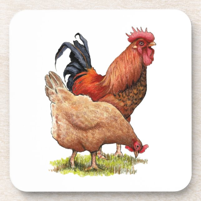 Chicken And Rooster Art, Poultry, Farm Animals Beverage Coaster (Front)