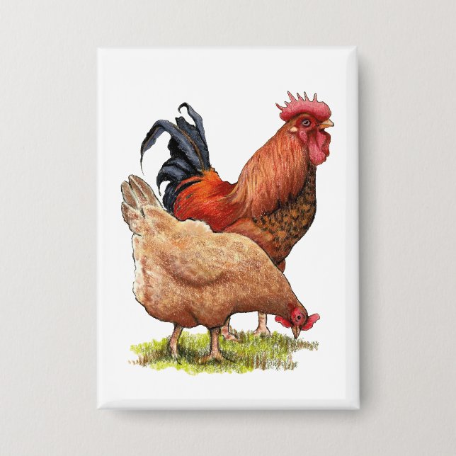 Chicken And Rooster Art, Poultry, Farm Animals Button (Front)